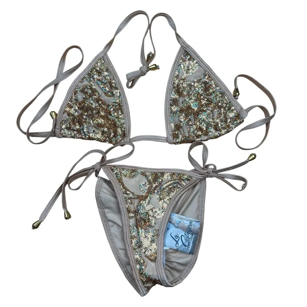 NWT La Costanera Sequin Triangle Bikini Gold Champagne Tie Side